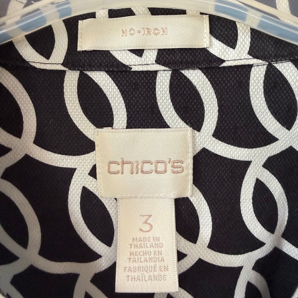 Chico’s No Iron Black White Geometric Button Front Shirt Women’s XL Stretch - Picture 3 of 9